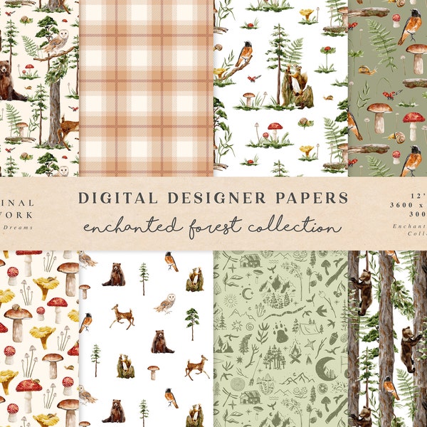 Enchanted Forest Watercolor Forest Digital Paper - Scrapbook Papers - Seamless Patterns - Digital Background Deer Bear - Wedding Invitation