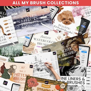 Peut inclure: Un collage de sets de pinceaux num&eacute;riques pour Procreate, pr&eacute;sentant diff&eacute;rents styles comme l'aquarelle, la gouache, l'huile et les paillettes. L'image comprend des titres tels que "Pinceaux r&eacute;alistes &agrave; l'aquarelle", "Pinceaux de paysage forestier" et "Pinceaux d'effets d'hiver".