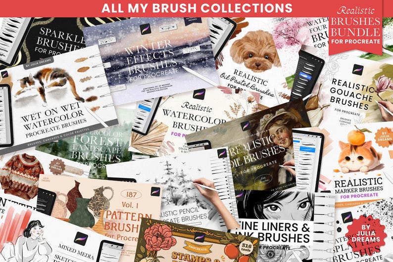 Peut inclure: Un collage de sets de pinceaux num&eacute;riques pour Procreate, pr&eacute;sentant diff&eacute;rents styles comme l'aquarelle, la gouache, l'huile et les paillettes. L'image comprend des titres tels que "Pinceaux r&eacute;alistes &agrave; l'aquarelle", "Pinceaux de paysage forestier" et "Pinceaux d'effets d'hiver".