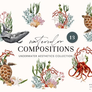 Unterwasser Aquarell Kompositionen - Logo Clipart - Meer Clipart Hochzeit einladen - Digitale Clipart PNG Ozean Unterwasser - Nautische Baby Kinderzimmer