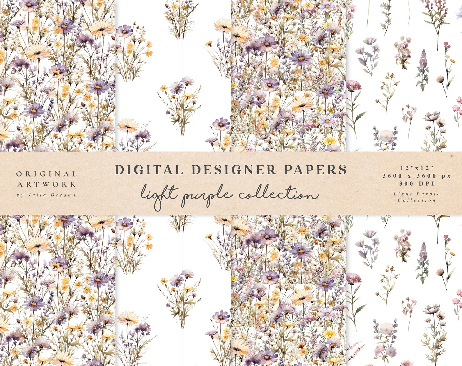 Light Purple Wildflowers Digital Paper - Watercolor Scrapbook Papers ...