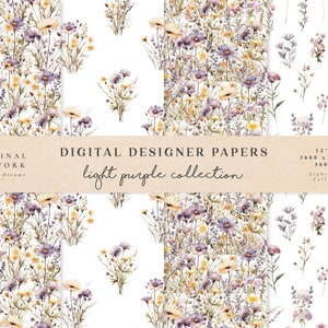 Light Purple Wildflowers Digital Paper - Watercolor Scrapbook Papers - Seamless Patterns - Digital Background - Printable Paper Set Flowers