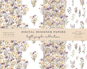Lichtpaarse wilde bloemen digitaal papier - aquarel scrapbookpapier - naadloze patronen - digitale achtergrond - afdrukbare papierset bloemen