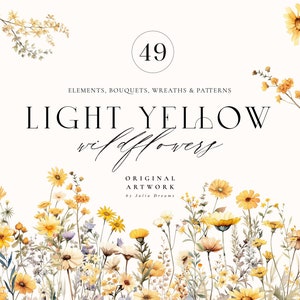 Hellgelbe Wildblumen Aquarell Set - Digital Clipart - Individuelle PNG Dateien - Hochzeit Handgemalte Blumen Set -Borders Patterns Frames