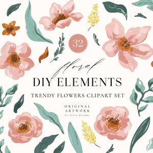 Bloemen clipart trendy bloemen - botanische bloem illustraties - aquarel bloem illustratie - individuele PNG - logo print roze Blush bloemen