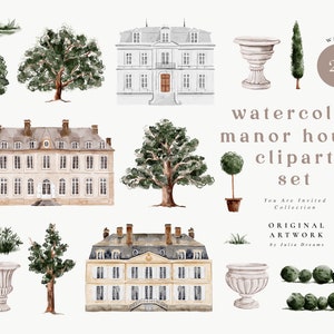 May include: Watercolor clipart set of a manor house, trees, bushes, and urns. The set includes 24 elements. The text "watercolor manor house clipart set" is written in the image.