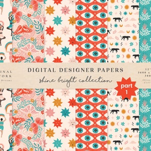Shine Bright Digital Paper Set Sonne - Scrapbook Papier - Nahtlose Muster - Digitaler Hintergrund - Druckbares Papier Set - Flower Woman Eye Star