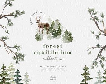 Wald Gleichgewicht digitale Clipart - individuelle PNG-Dateien - Aquarell Hochzeitseinladung - Aquarell Logo - Hirsch Baum Floral Blatt Clipart