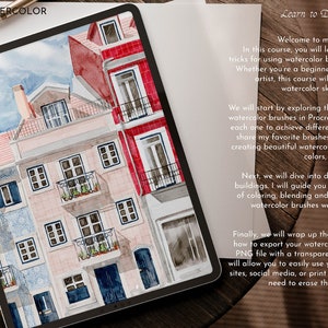 May include: A digital illustration of a watercolor painting of two buildings with red and pink brick facades. The buildings have blue windows and doors. The image is on a tablet screen with text about a watercolor course. The text says "Learn to Draw Architecture" and "Realistic Watercolor in Procreate".