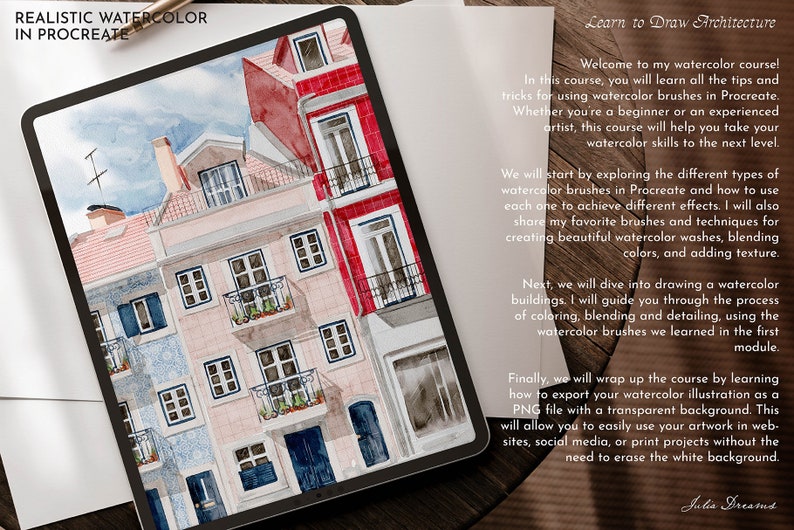 May include: A digital illustration of a watercolor painting of two buildings with red and pink brick facades. The buildings have blue windows and doors. The image is on a tablet screen with text about a watercolor course. The text says "Learn to Draw Architecture" and "Realistic Watercolor in Procreate".