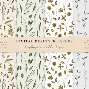 Papel Digital Herbário - Papéis para Scrapbook em Aquarela - Padrões Sem Costura - Fundo Digital - Conjunto de Papel para Impressão - Flor de Folhas Florais