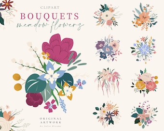 Meadow Flowers Bouquet - Floral Logo Clipart - Arrangements - Wedding invite - Digital clipart PNG - Flower Clip Art - Hand Drawn Floral Art