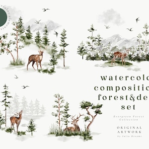 Aquarelle Forest Deer Compositions Digital Clipart Set - Invitation de mariage - Éléments floraux - Aquarelle Arbres - Logo Deer Mountain