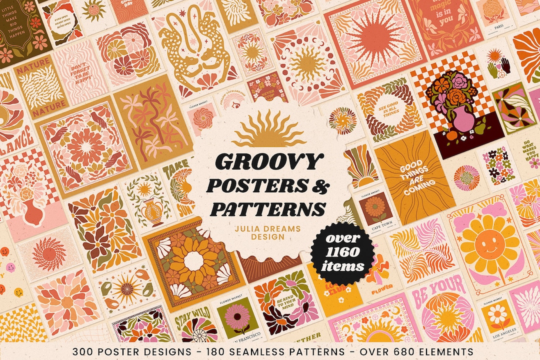 Groovy Posters Patterns Bundle - Boho 70s Logo Digital Clipart ...