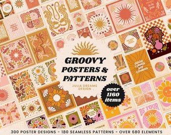 Groovy Posters Patterns Bundle - Boho 70s Logo Digital Clipart - Printable Wall Art - SVG PNG - Hippie Digital Papers - Peace 70s Flowers