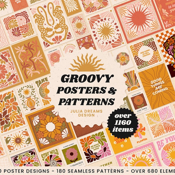 Groovy Posters Patterns Bundle - Boho 70s Logo Digital Clipart - Printable Wall Art - SVG PNG - Hippie Digital Papers - Peace 70s Flowers