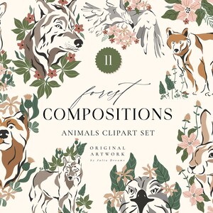 Forest Animals Composities - Animals Uitnodiging - Digital Forest Clipart - Logo Illustraties Wall Art - Bear Rabbit Eagle Wolf Flowers