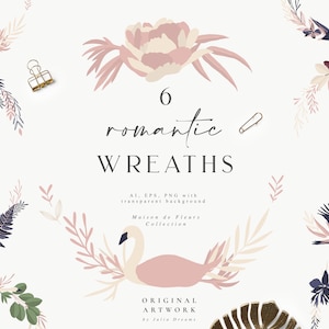 Romantische kransen Vogels Bloemen - Digitale Clipart - Individuele PNG Files - Wedding Uitnodiging - Botanische Clip Art Set - Floral Animals Swan