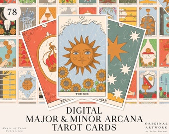May include: A set of 78 digital tarot cards featuring original artwork. The cards have a whimsical, vintage style with bright colours and detailed illustrations. The cards include both major and minor arcana.