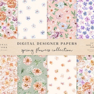 Spring Flowers Digital Paper - Scrapbook Papers - Seamless Patterns - Sfondo digitale - Set di carta ad acquerello - Rosa floreale Peonia Rosa