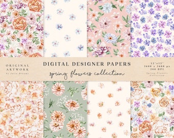 Spring Flowers Digital Paper - Scrapbook Papers - Seamless Patterns - Digital Background - Watercolor Paper Set - Floral Rose Peony Pink