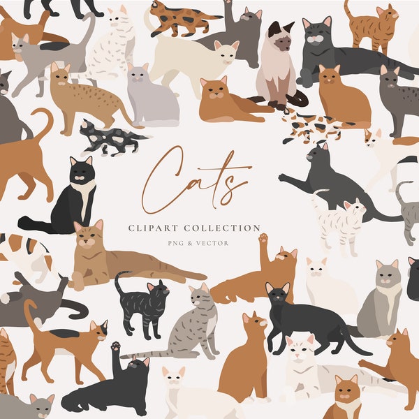 Cat Clipart Set - Hand Drawn Cat Breeds - Digital PNG Vector - Cute Animals Pets - Cats Clip Art Collection - Kitten - Commercial Use - Logo