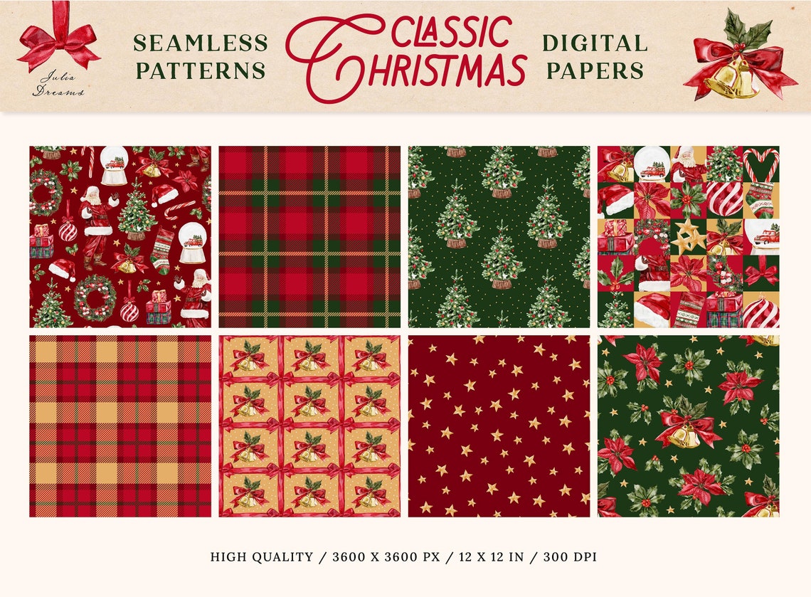 Santa Ramp Paper Classic Christmas Digital Papers - Seamless Patterns - Christmas Print ...