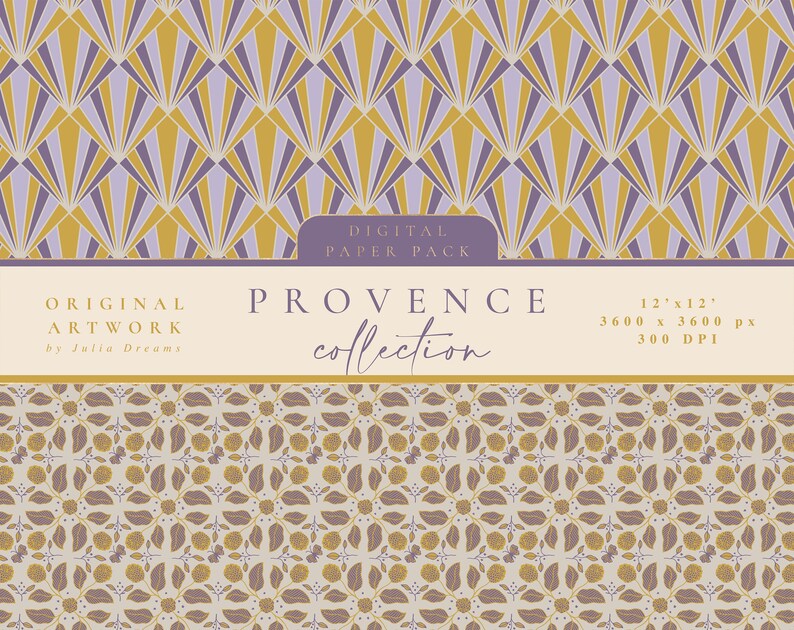 May include: A digital paper pack with a geometric pattern in shades of purple and gold. The text "PROVENCE collection" is displayed in the center of the image. The paper pack is 12 inches by 12 inches, 3600 pixels by 3600 pixels, and 300 DPI.