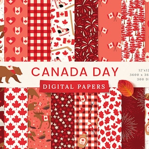 Papéis digitais do Dia do Canadá - Uso comercial - Papel para scrapbook - Padrão sem costura - Papel de designer de 1º de julho - Fundo - Bandeira de fogos de artifício do urso