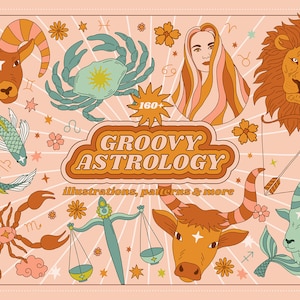 Groovy Boho Astrology Digital Clipart Collection - Individual PNG Logo Elements Digital Papers - Zodiac Constellation Horoscope Symbols SVG