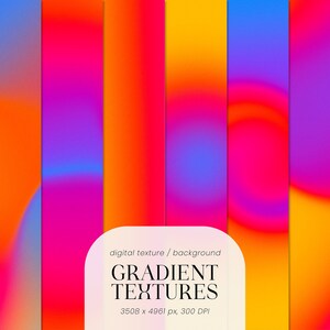 May include: A set of eight digital gradient textures in vibrant colors, including orange, pink, purple, and blue. The textures are seamless and can be used for backgrounds, website design, or other creative projects.  3508 x 4961 pixels, 300 DPI.