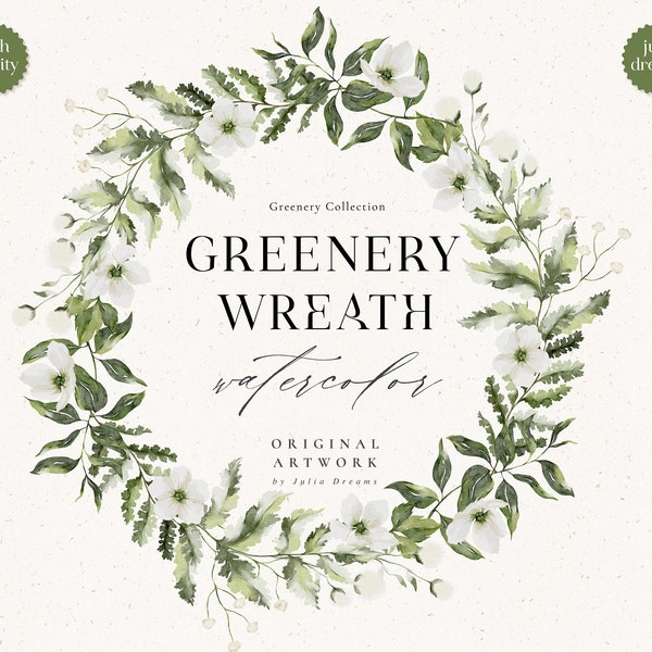 Watercolor Greenery Wreath - White Flowers - Digital Clipart - Individual PNG Files - Wedding Design - Botanical Flowers Frame - Logo Leaves