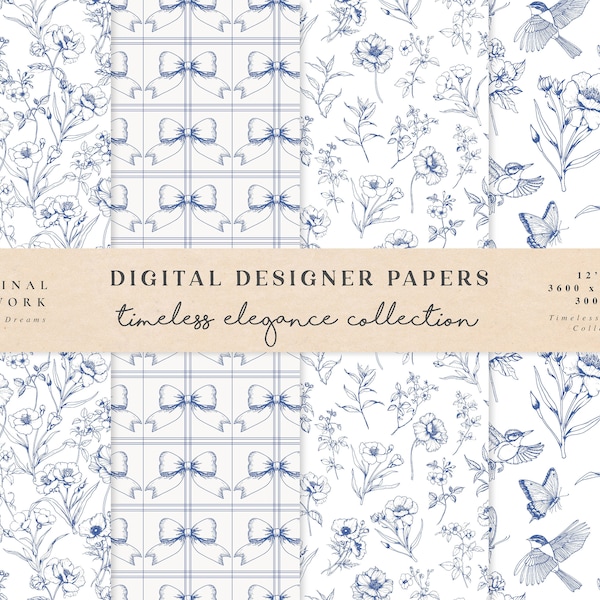 Timeless Elegance Digital Papers - Commercial Use - Scrapbook Paper - Seamless Pattern - Flowers - Baroque Fine Art Line Vintage Botanical