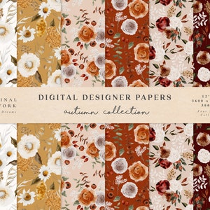 Digital Papers Autumn Set - Scrapbook Papers - Seamless Patterns - Digital Background - Printable Paper Set - Watercolor Flowers Florals Art