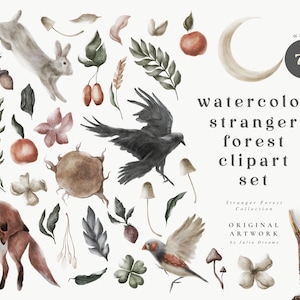 Aquarelle Stranger Forest Digital Clipart Set - Animaux de la forêt - Invitation de mariage - Éléments floraux - Aquarelles - Logo Fox Rabbit