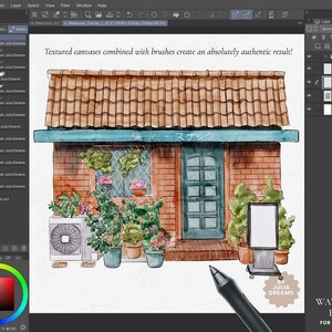 May include: A digital illustration of a brick building with a teal awning and a sign that reads "喫茶・スナック". The building has a window with plants and a door with a glass panel. The illustration is done in a watercolor style with a textured canvas background.