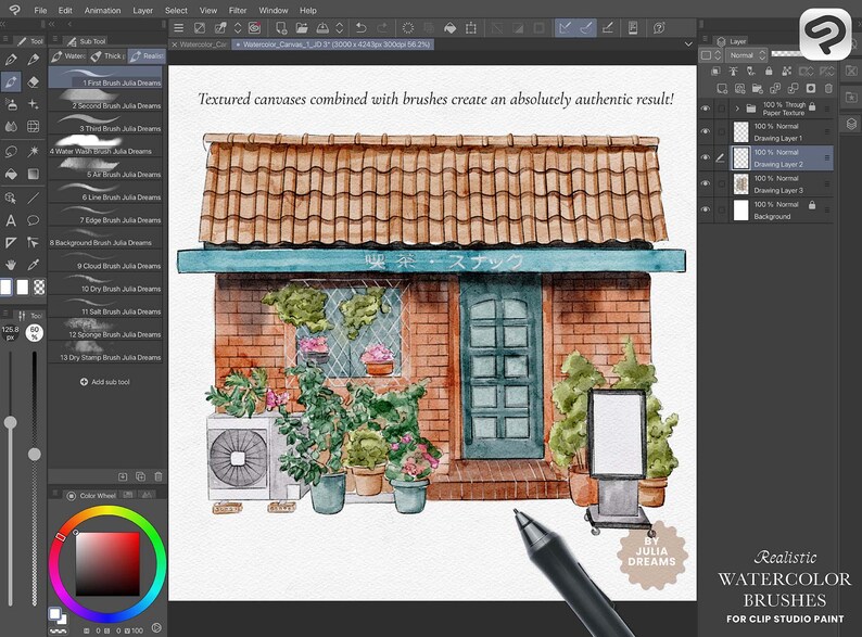 May include: A digital illustration of a brick building with a teal awning and a sign that reads "喫茶・スナック". The building has a window with plants and a door with a glass panel. The illustration is done in a watercolor style with a textured canvas background.