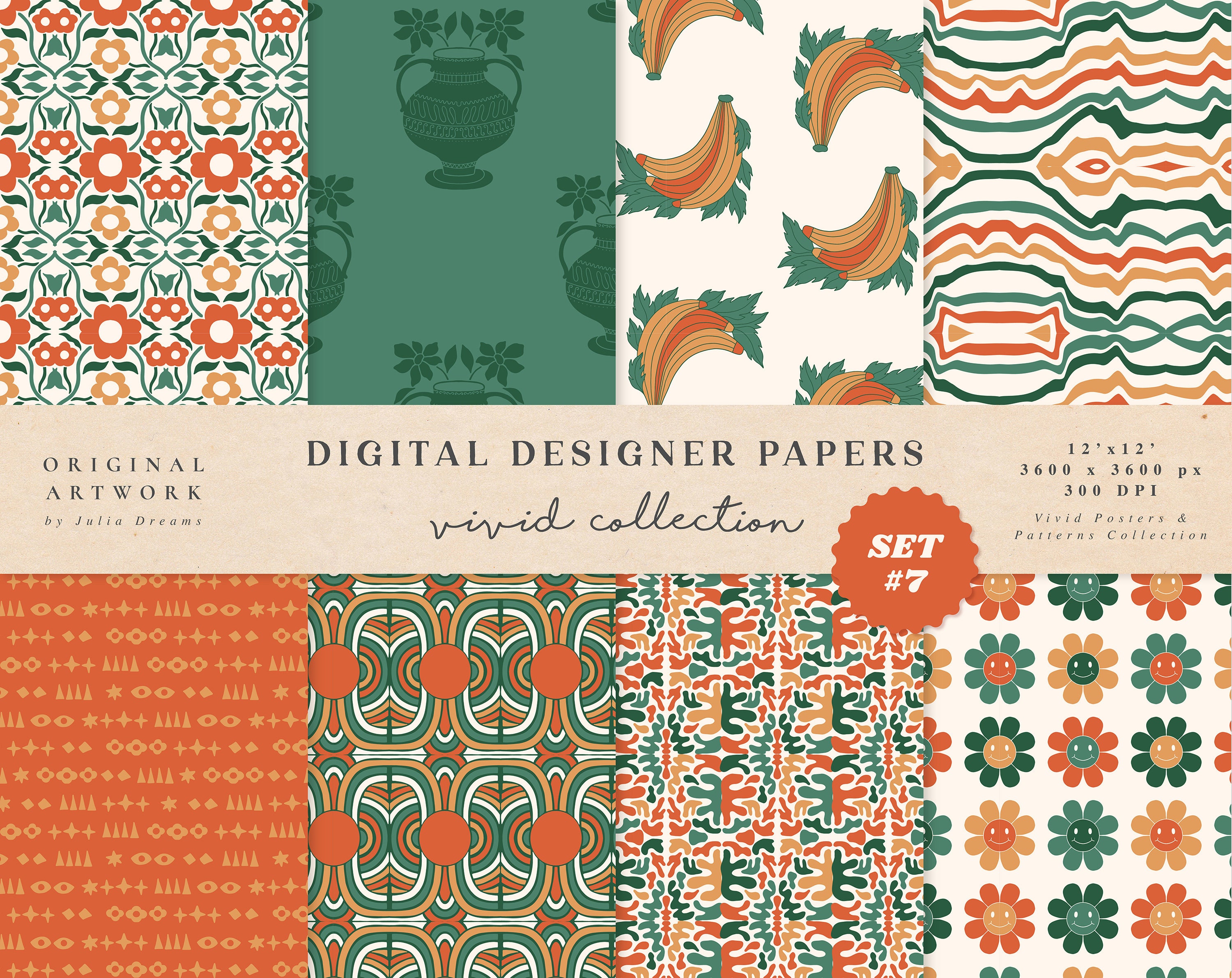 Vivid Imagination Digital Papers - Commercial Use - Scrapbook Paper - Seamless Pattern - Designer Paper - Retro Flower Abstract Vase