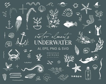 May include: A set of white vector illustrations of underwater elements, including a mermaid, starfish, seashells, coral, fish, and an anchor. The text "vector elements UNDERWATER AI, EPS, PNG & SVG ORIGINAL ARTWORK by Jalie Dreams" is also included.