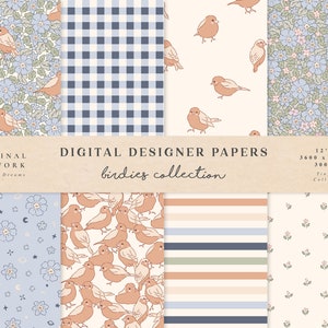 Cute Birdies Digital Papers - Uso commerciale - Carta scrapbook - Modello senza cuciture - Nursery Designer Paper Flowers Baby Animals Uccelli Pasqua