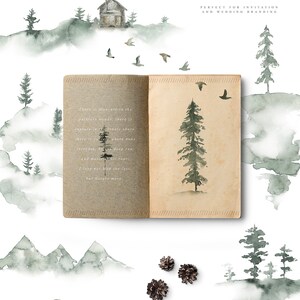 May include: Watercolor illustrations of a forest scene with trees, mountains, a cabin, birds, and pine cones. The illustrations are perfect for invitations, wedding branding, or other creative projects.