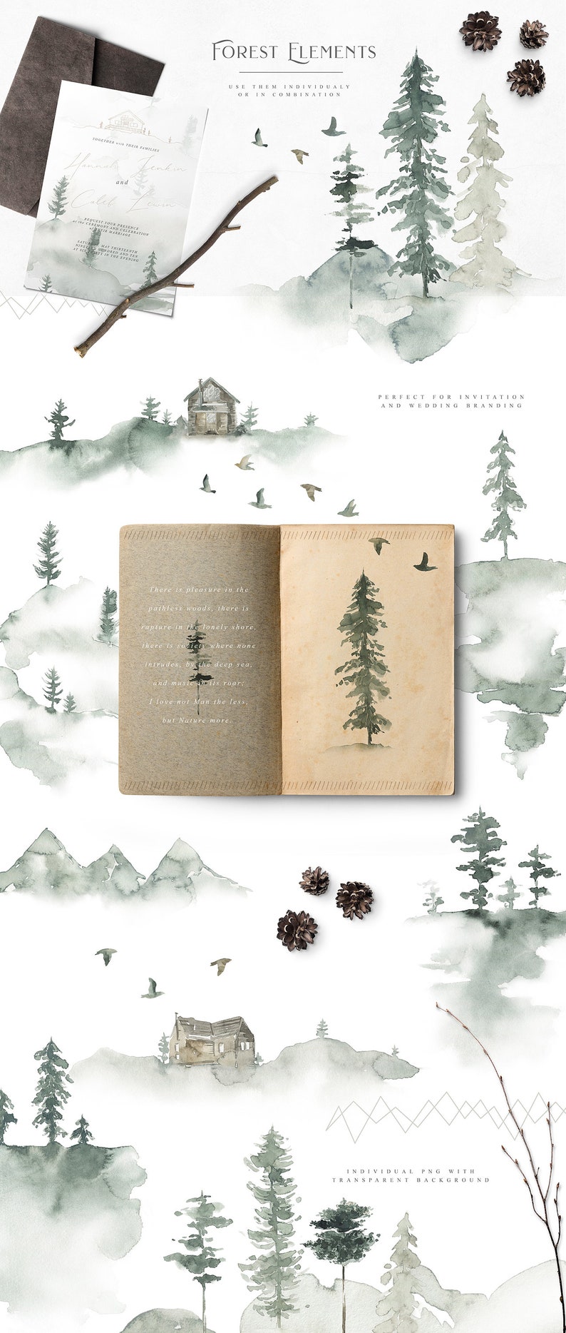May include: Watercolor illustrations of a forest scene with trees, mountains, a cabin, birds, and pine cones. The illustrations are perfect for invitations, wedding branding, or other creative projects.