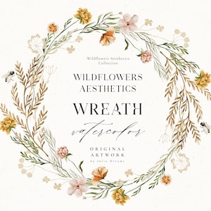 Aquarelle Couronne Florale - Fleurs Sauvages Esthétique 4 - Clipart De Couronne - Clipart De Printemps - Fleurs de Prairie - PNG Individuel - Wedding Design Bee