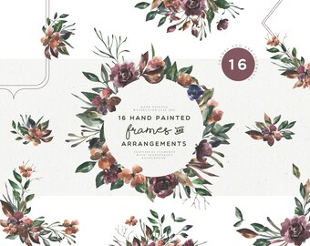 Può includere: Un set di 16 cornici e arrangiamenti floreali dipinti a mano con acquerello. Le cornici sono circolari e presentano fiori bordeaux, rosa e arancioni con foglie verdi. Gli arrangiamenti sono più piccoli e presentano colori e motivi simili.
