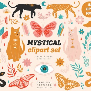 Conjunto de clipart místico - clipart de flores botânicas - ilustração de animais vetoriais - PNG individual - impressão de logotipo gato leopardo borboleta cobra