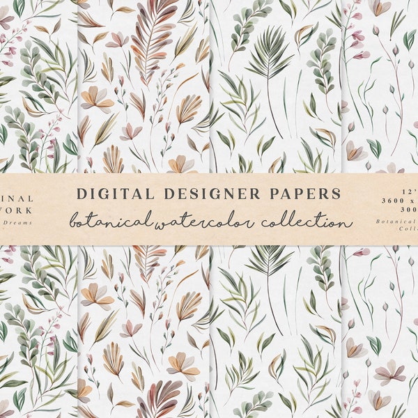 Digitales Papier - Scrapbook Papiere - nahtlose Muster - digitaler Hintergrund - druckbare Papier Set - Aquarell Blumen - botanische Aquarell