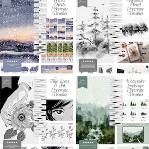 Peut inclure: Quatre ensembles de pinceaux d'art num&eacute;rique pour Procreate, comprenant des effets d'hiver, un crayon r&eacute;aliste, des stylos fins et de l'encre, et un paysage aquarelle. Chaque ensemble comprend une vari&eacute;t&eacute; de traits de pinceau et de textures.