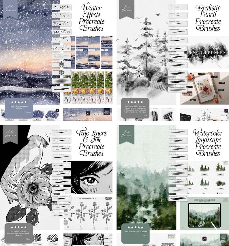Peut inclure: Quatre ensembles de pinceaux d'art num&eacute;rique pour Procreate, comprenant des effets d'hiver, un crayon r&eacute;aliste, des stylos fins et de l'encre, et un paysage aquarelle. Chaque ensemble comprend une vari&eacute;t&eacute; de traits de pinceau et de textures.