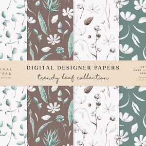 Trendige Blatt Digitalpapier - Aquarell Scrapbook Papiere - nahtlose Muster - digitaler Hintergrund - druckbare Papier Set - Baumwolle Eukalyptus