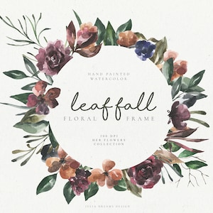 Cadre floral d'automne de feuille d'aquarelle - Clipart numérique - Fichiers PNG individuels - Couronne de mariage - Cadre personnalisé - Fleur de rose rouge de Bourgogne